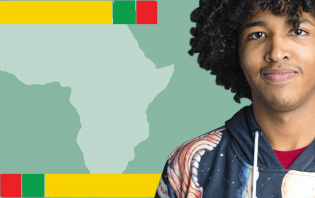 a male student superimposed over a backdrop of a diagram of Africa