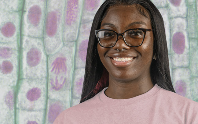 A student being superimposed in front of a molecular background with cells.