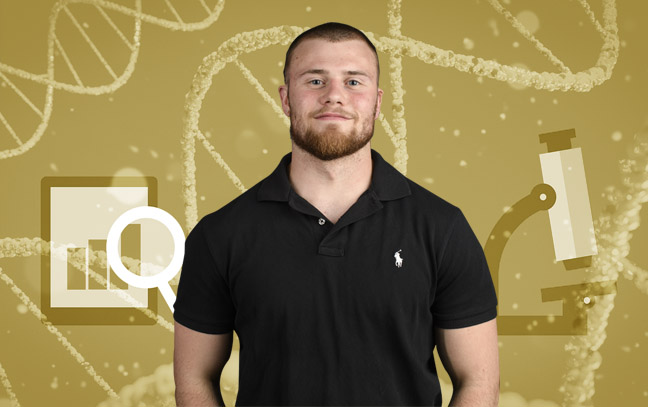 A student being superimposed in front of a yellow background with DNA strands and data.