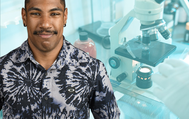 A student being superimposed in front of an ocean-blue background with laboratory equipment.