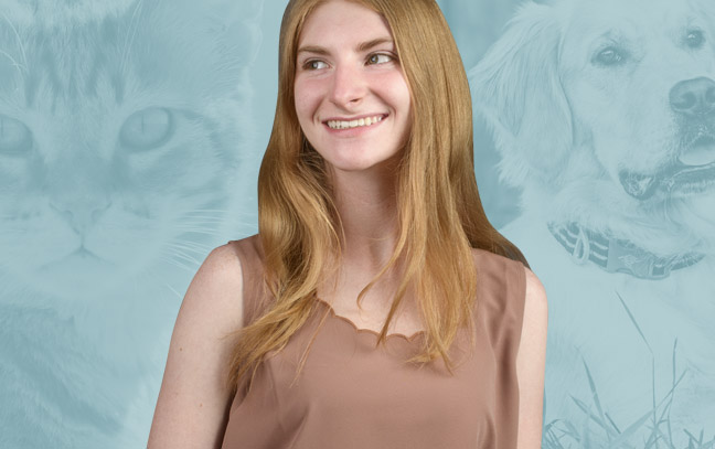 A student being superimposed in front of a turquoise background with pets.