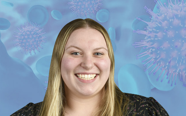 A student being superimposed in front of a blue background with microorganism.