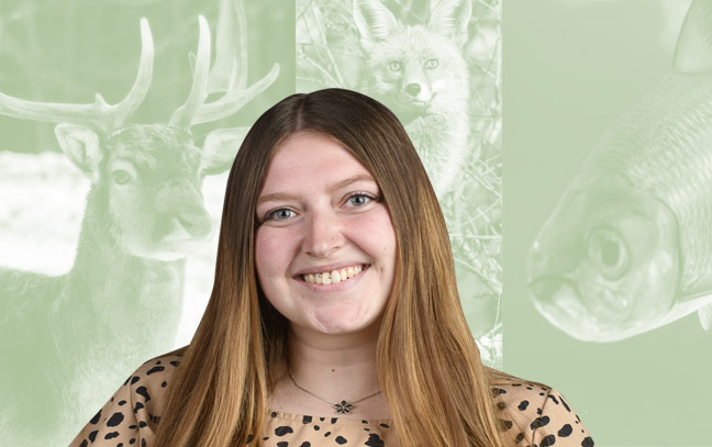 A student being superimposed in front of a light green background with animals.