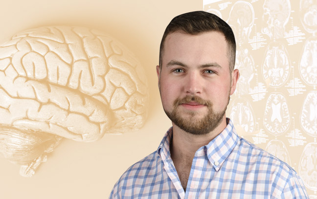 A student being superimposed in front of a yellow-orange background with a brain and brain scans.