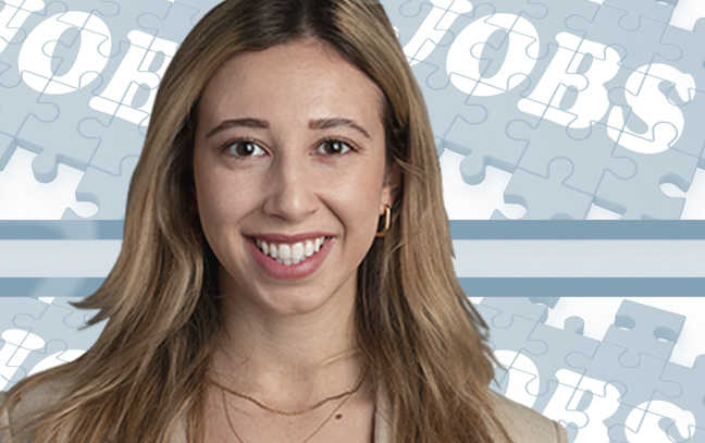 Woman superimposed in front of light blue backdrop with the word "jobs" in the background