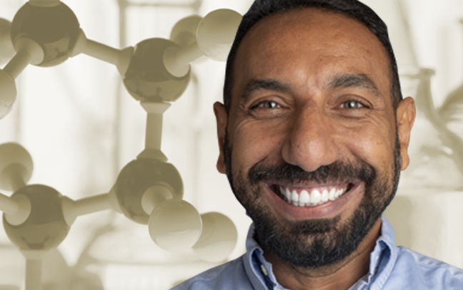 Male superimposed in front of light brown backdrop with molecular structure in the background
