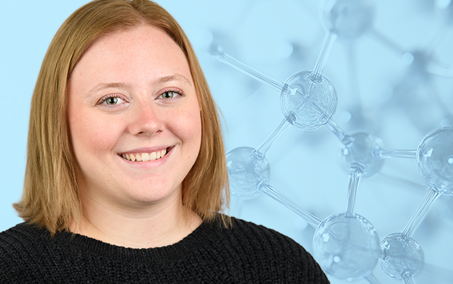 image of a female student smiling to the camera with a stylized background of chemical compounds