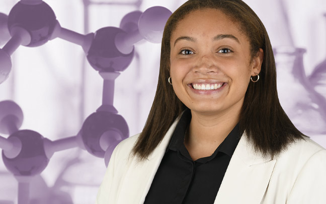 Female superimposed in front of purple backdrop with molecular structure in the background