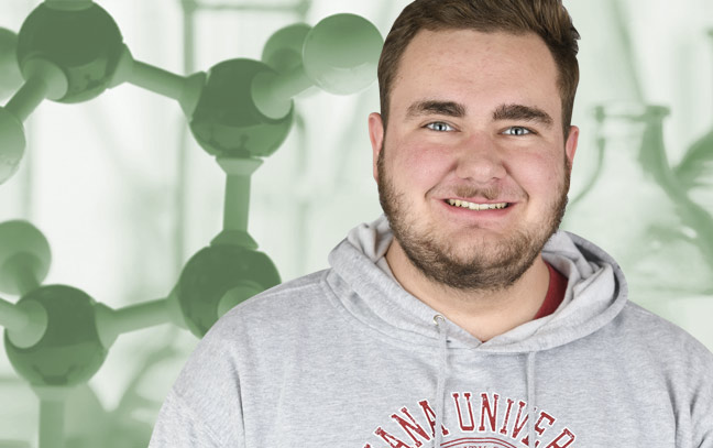 Male superimposed in front of green backdrop with molecular structure in the background