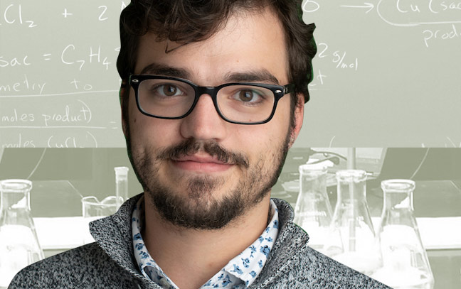 a male student superimposed in front of a light green backdrop with lab equipment