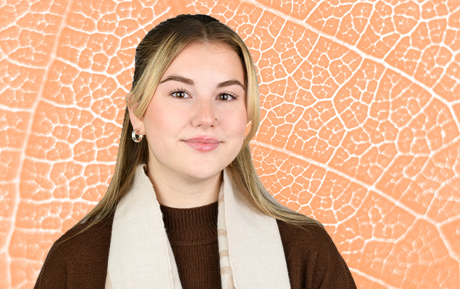 photo of a female student superimposed on a close up of cells