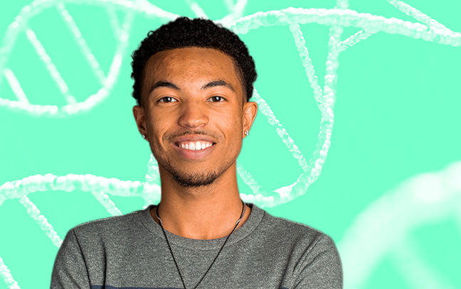 photo of a male student superimposed on a stylized background showing dna strands