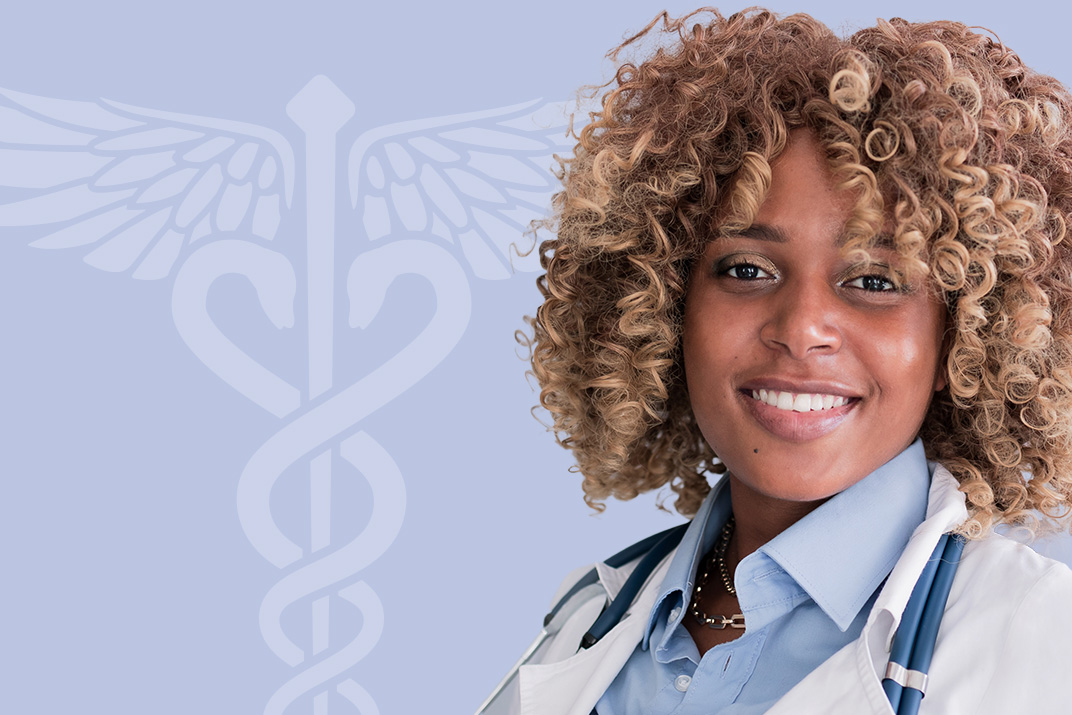 image of a female doctor in a coat superimposed on a stylized image of a stethoscope