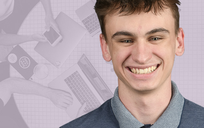 A student being superimposed in front of a periwinkle-colored background with two people doing work at a table.