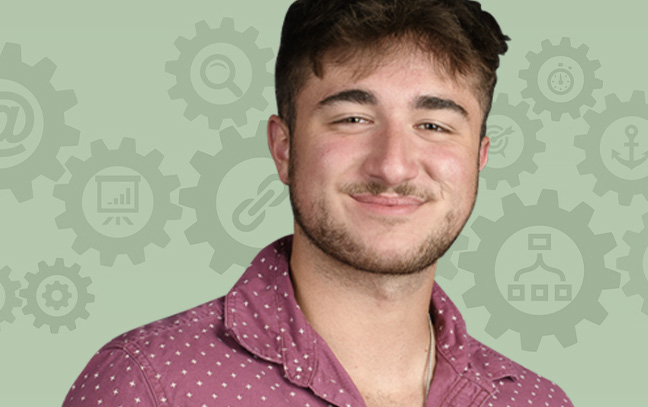 A student being superimposed in front of a green background with gears clip-art.