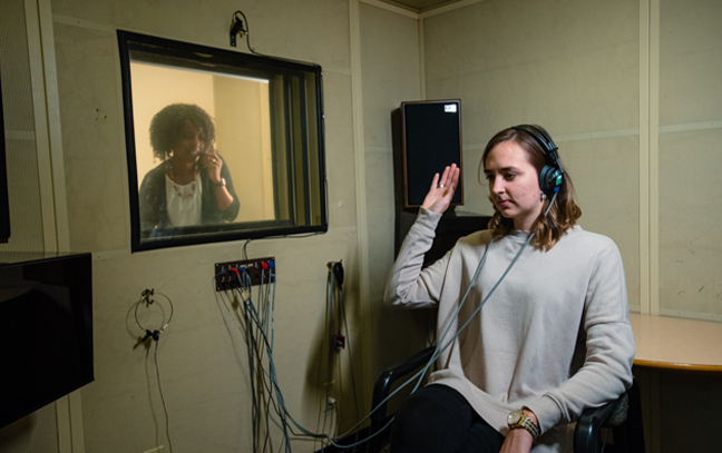student taking a hearing test