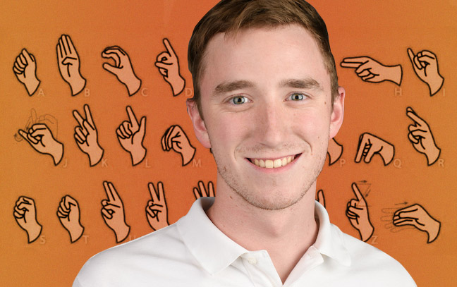 A student being superimposed in front of an orange background showing sign language signs.