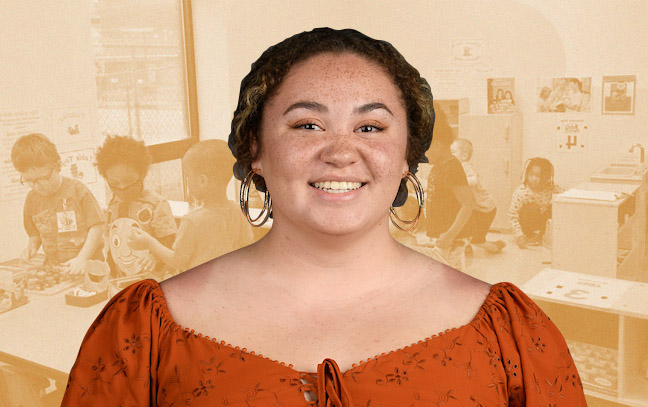 A student being superimposed in front of an orange background showing small children playing in a preschool setting.