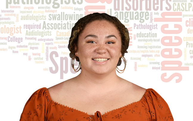 A student being superimposed in front of a white background showing a word cloud.