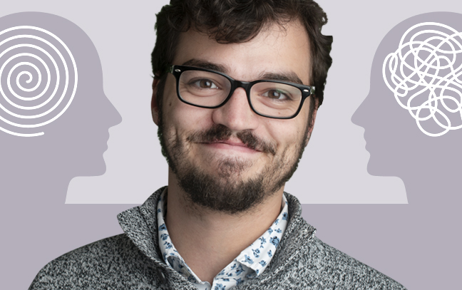 Man with a gray background image has two drawing faces, faced each other