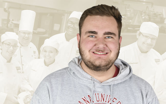 Male student superimposed in front of yellow backdrop with chefs