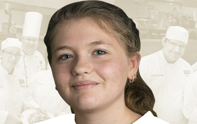 Female student superimposed in front of yellow backdrop with chefs