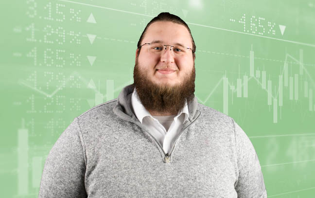 portrait of a man with a stylized stock ticker background
