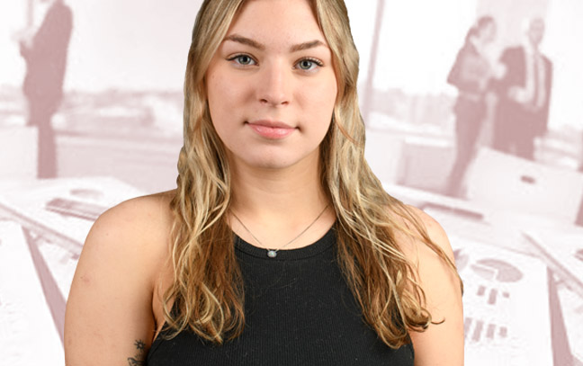 A student being superimposed in front of a velvet background showing business people in a room with business supplies.