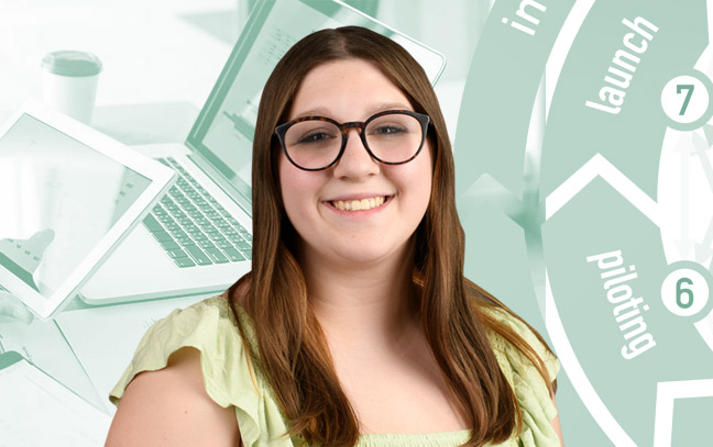 A student being superimposed in front of a light-teal background showing office electronics, paperwork, and graphs.