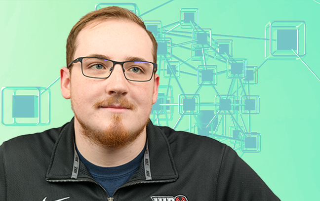 A student being superimposed in front of a light-teal background showing office node based network symbol