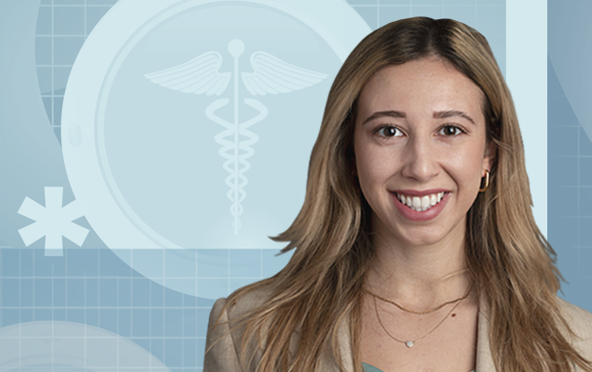 close up of a female student with medical symbols on the background behind her