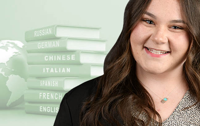 portrait of a women with a stylized background of books