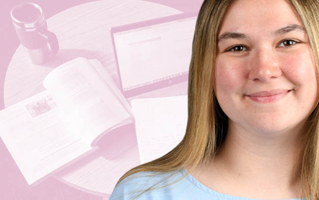 portrait of a women with a stylized background of books