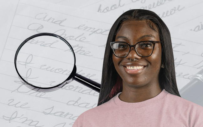 A student being superimposed in front of a background with writing and a magnifying glass.