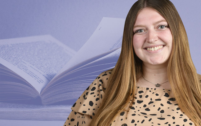 A student being superimposed in front of a violet background.