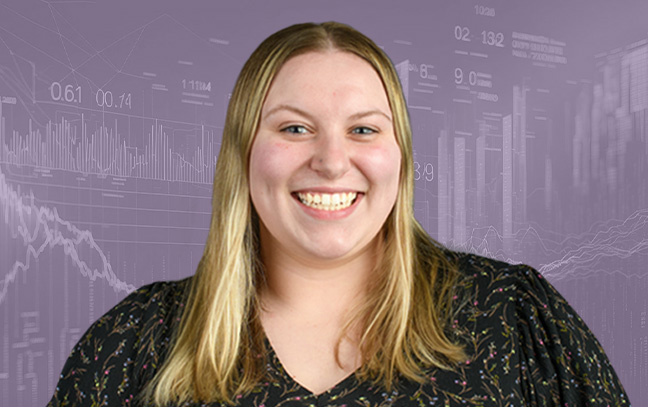 A student being superimposed in front of a violet background showing some stock charts.