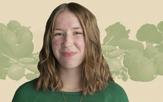 a female student superimposed on a green backdrop of vegetables