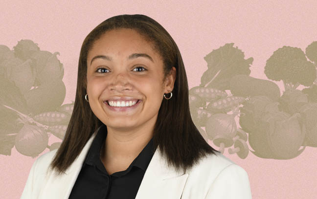 a female student superimposed on a green and velvet backdrop of vegetables