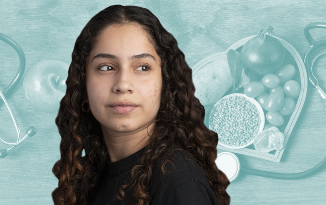 Female student superimposed in front of blue backdrop with heart healthy food in the background