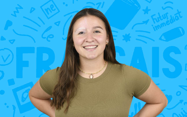 a female student superimposed over a sky blue backdrop containing various French words