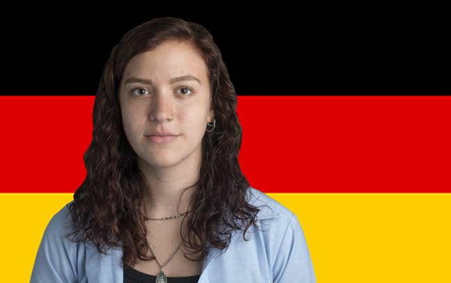 a female student superimposed over a backdrop of the German flag