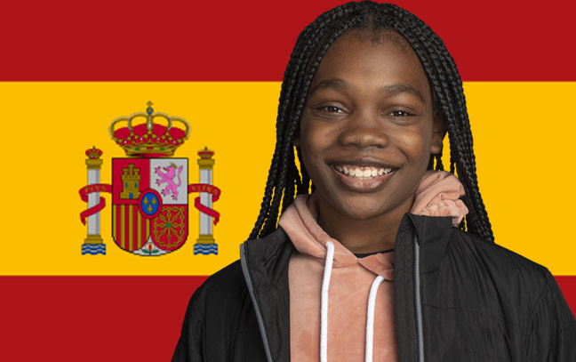 a female student superimposed over a flag of Spain