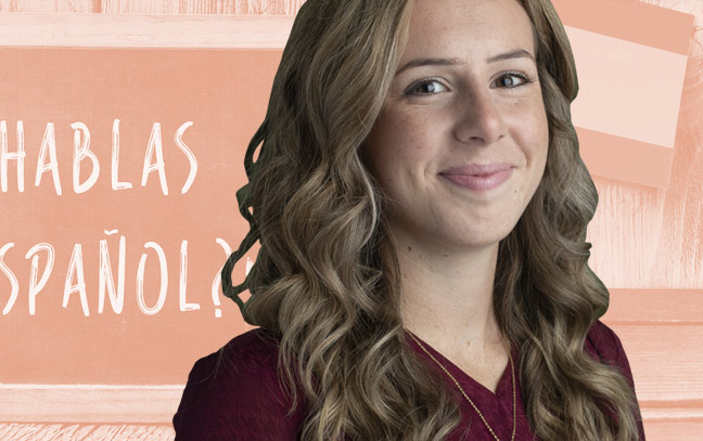 a female student superimposed over an orange backdrop with a chalkboard containing Spanish writing