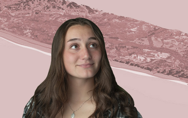 a female student superimposed over a purple backdrop containing an aerial shot