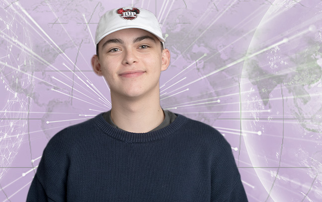 a student superimposed over a magenta backdrop containing a map