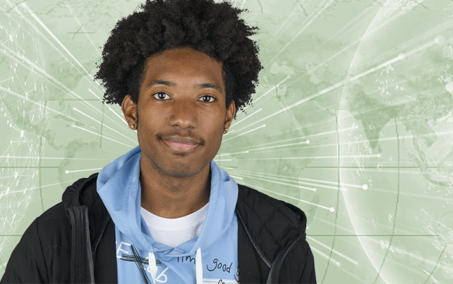 a male student superimposed over a green backdrop containing a map