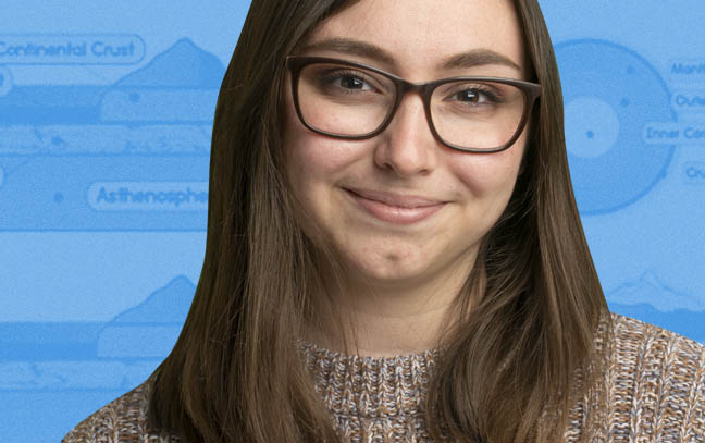a female student superimposed over a blue backdrop containing geographic charts