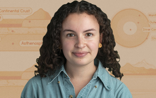 a female student superimposed over a brown backdrop containing geographic charts