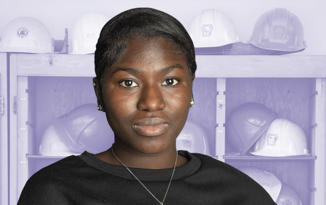 Young Woman's face superimposed with purple background with hard hat supplies