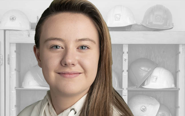 Young Woman's face superimposed with light gray background with hard hat supplies